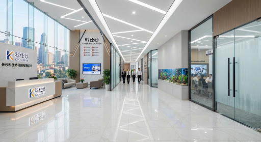 Wide perspective of an authentic Changsha technology headquarters office lobby and executive workspace corridor, marble polished tile flooring reflecting overhead modern light fixtures, frosted glass meeting room dividers, serene decorative aquatic tank accent, high professionalism.