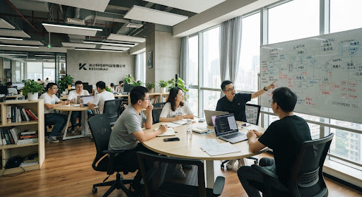 Bright modern software engineering team collaborative workspace room with round discussion tables, whiteboards covered in technical system architecture diagrams, ergonomic mesh chairs, daylight streaming through large high floor windows with curtains, authentic documentary office photograph.
