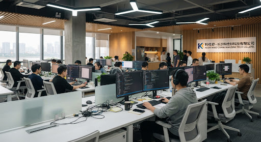 A spacious modern enterprise software development open office floor in Changsha, showing programmers working at computer dual monitors with code editors, soft warm ambient wood accents on back walls, clean white desks with frosted partition glass, brightly lit by modern Y-shaped ceiling fixtures, genuine documentary photography style.