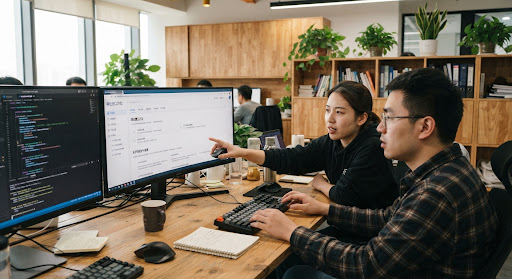 Close up photography of active enterprise technology team workstation benches, developers collaborating side by side over software interface screens and source code debuggers, warm wooden storage cabinets and green indoor plants, natural office environment.