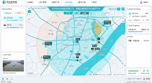 Futuristic drone and smart equipment rental HUD showcasing real-time coordinate tracking on a cyan digital map interface