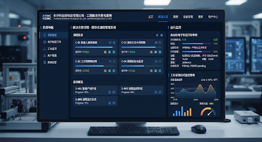 Professional desktop engineering workstation UI displaying modular course management, automated electronic label printer parameters, and industrial telemetry graphs in dark midnight blue palette