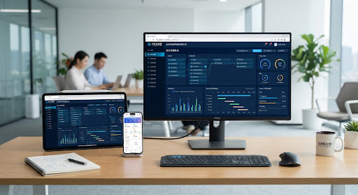 Modern high-tech multi-device responsive software engineering showcase featuring desktop browser dashboard, tablet interface, and sleek mobile smartphone screen displaying enterprise data visualizations with deep blue and cyan digital accents in a clean minimal corporate workspace